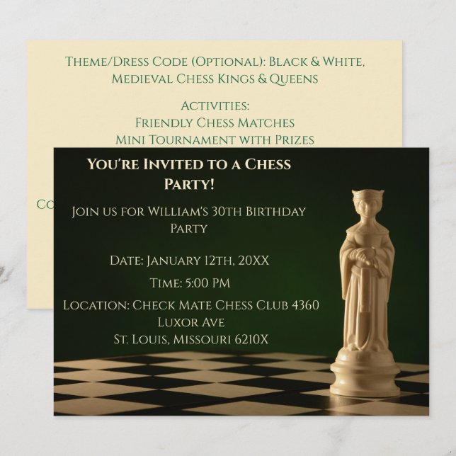 Invitation Green 30th Birthday Party Chess Queen (Devant / Derrière)