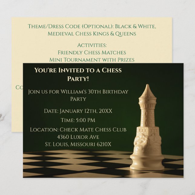 Invitation Green 30th Birthday Party Chess Rook (Devant / Derrière)