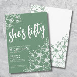 Invitation Green 50th Birthday Party<br><div class="desc">Élégante 50e Soirée d'anniversaire Green 50e Invitation. Une invitation amusante mais élégante à la fête du 50e anniversaire avec des fleurs vertes et blanches pour les jeunes de coeur. Un motif de fleurs ludique encadre une typographie de script "she's cinquante" mélangée avec une police serif plus classique. Célébrez cinquante ans...</div>