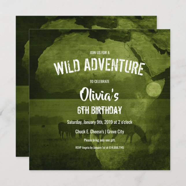 Invitation Green Africa & Zebra's Safari Birthday Party (Devant / Derrière)
