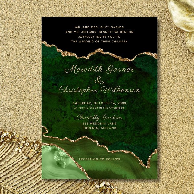 Invitation Green Agate Geode Gold Parties scintillant Mariage (Créateur téléchargé)
