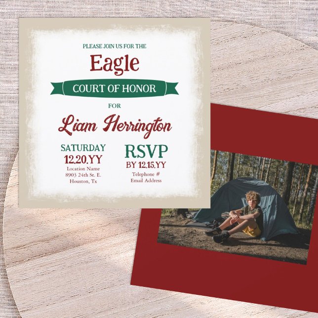 Invitation Green and Burgundy Eagle Scout Court of Honor (green and burgundy red eagle scout court of honor invitation with photo and banner ribbon)