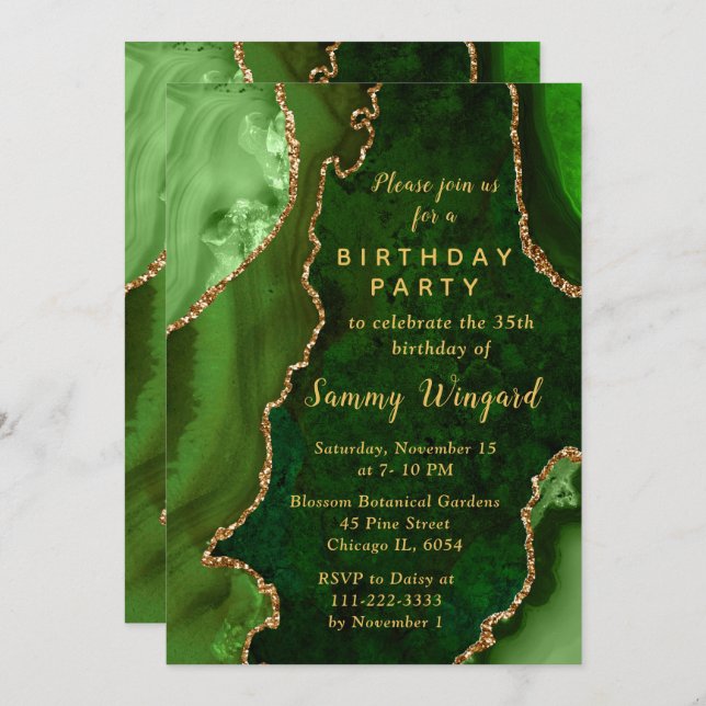 Invitation Green and Gold Agate Marble Birthday Party (Devant / Derrière)