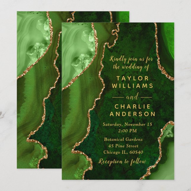 Invitation Green and Gold Agate Marble Wedding (Devant / Derrière)