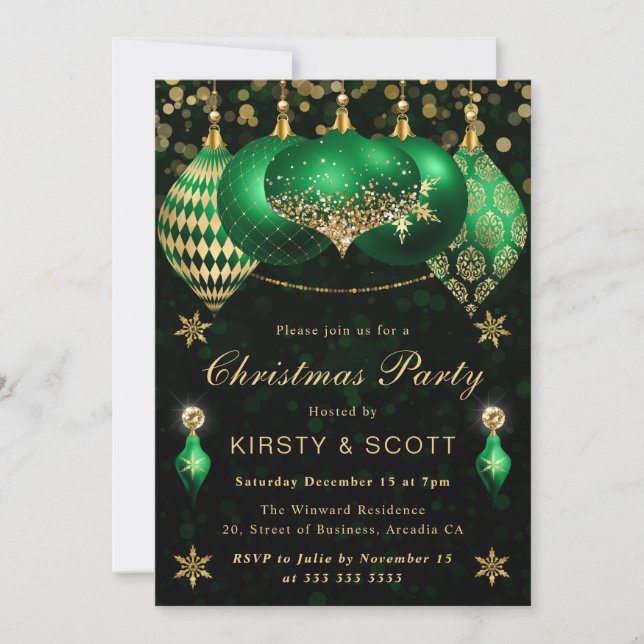 Invitation Green and Gold Glitter Baubles Christmas Party (Devant)