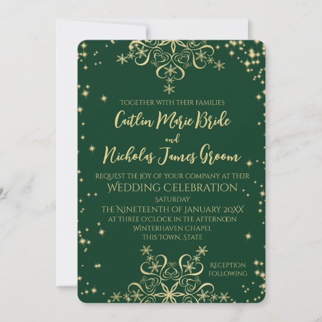 Invitation Green and Gold Winter Wedding Snowflakes Invita (Devant)