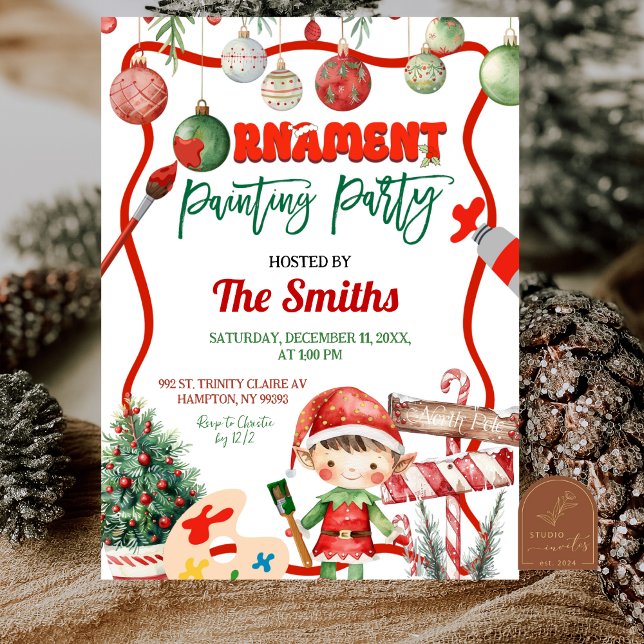 Invitation Green and Red Retro Kid's Ornament Painting Party (Créateur téléchargé)