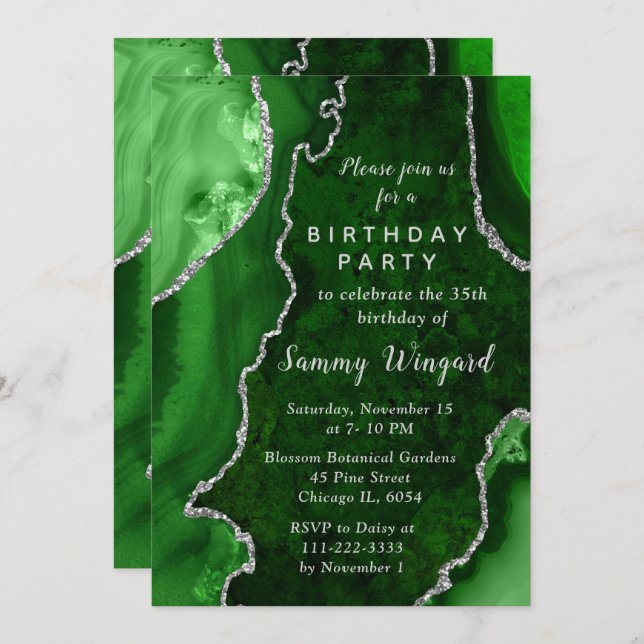 Invitation Green and Silver Agate Marble Birthday Party (Devant / Derrière)
