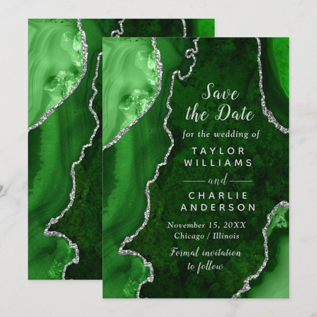 Invitation Green and Silver Agate Marble Save The Date (Devant / Derrière)