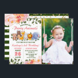 Invitation Green Animal Friends Pink Floral Photo Anniversair<br><div class="desc">Green Animal Friends Pink Floral Anniversaire Photo Invitation</div>