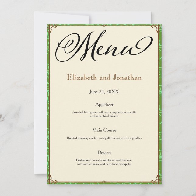 Invitation Green Aqua Mariage campagnard Brown Menu Réception (Devant)