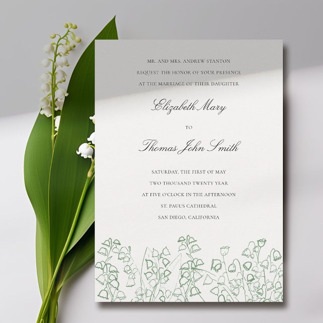 Invitation Green Art Floral croquis Lily Valley Mariage offic (lily of the valley wedding invitation formal traditional elegant green floral sketch fine art wild)