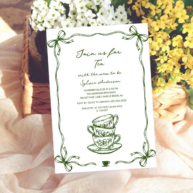 Invitation green baby shower tea bow hand drawn (Créateur téléchargé)