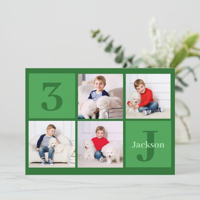 Invitation Green Birthday Boy Photo Collage Custom Party (Debout devant)