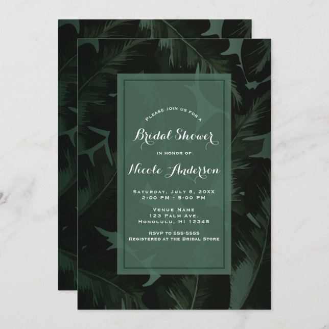 Invitation Green & Black Chic Feuille Fête des mariées Tropic (Devant / Derrière)