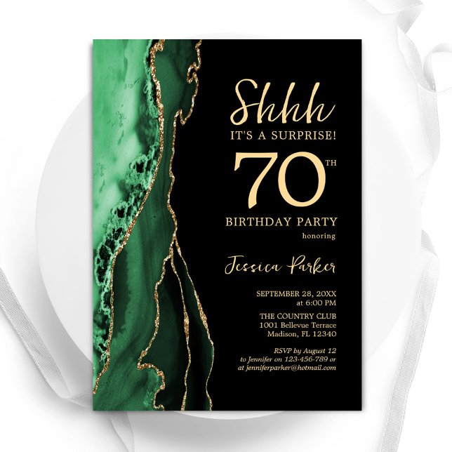 Invitation Green Black Gold Agate Surprise 70e anniversaire (Créateur téléchargé)