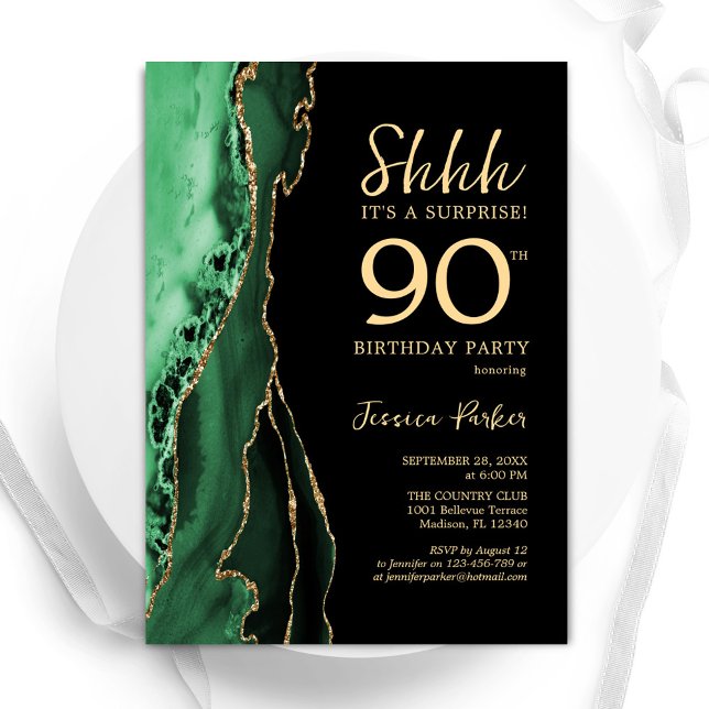 Invitation Green Black Gold Agate Surprise 90e anniversaire (Créateur téléchargé)