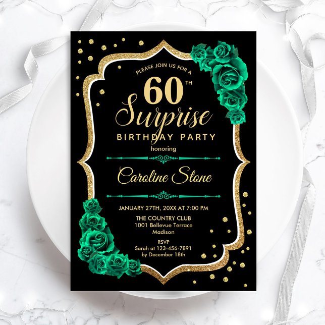 Invitation Green Black Gold Surprise 60e anniversaire (Créateur téléchargé)