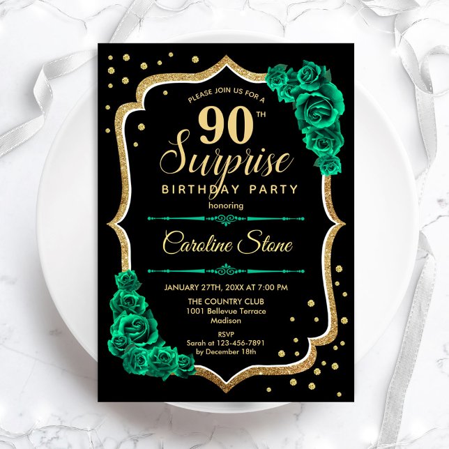 Invitation Green Black Gold Surprise 90e anniversaire (Créateur téléchargé)