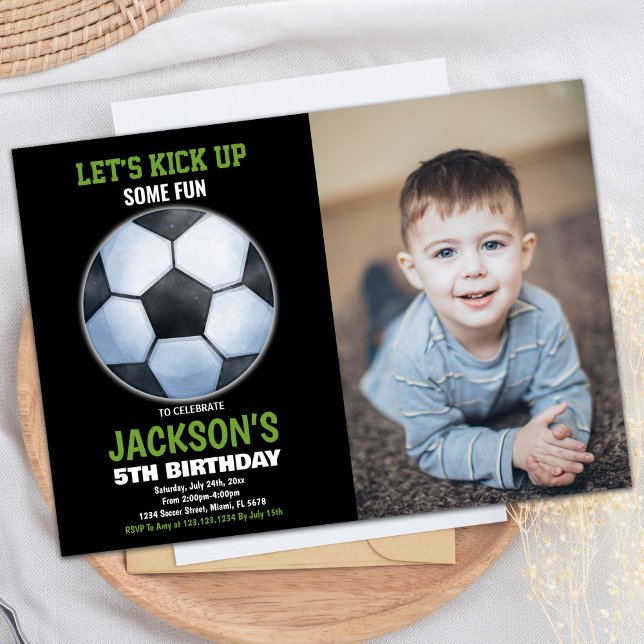 Invitation Green Black Photo Soccer Floor Soccer Anniversaire (Green Black Photo Soccer Floor Soccer Birthday Invitation)