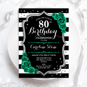 Invitation Green Black White Stripes Rose 80e anniversaire