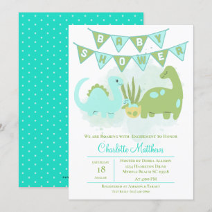 Invitation Green Blue Cute Dinosaur Maman et Baby shower