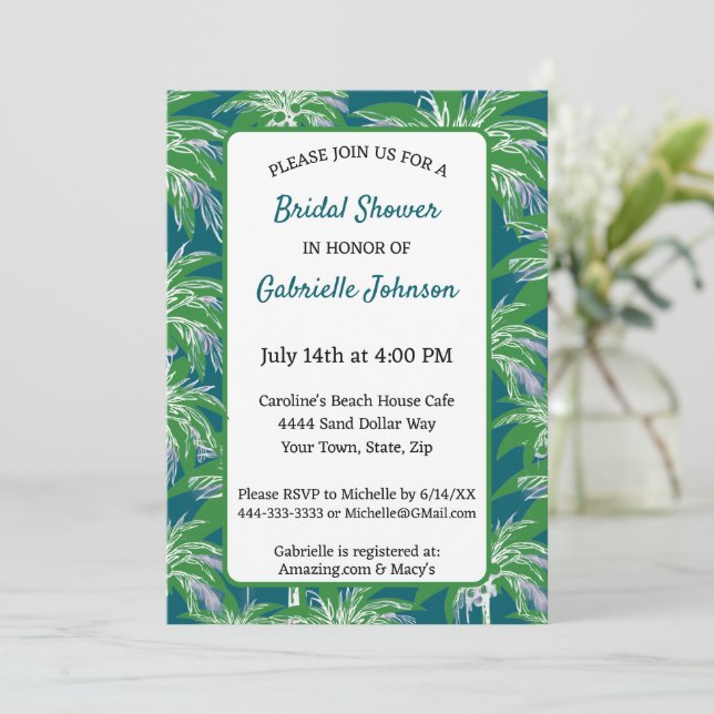 Invitation Green Blue Palm Tree Modern Wedding Shower Party (Debout devant)