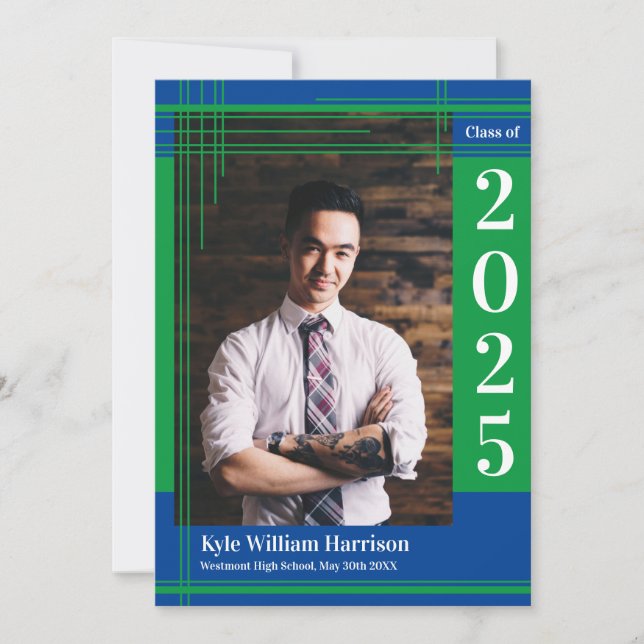 Invitation Green Blue School Colour Graduation Photo Plaid (Devant)