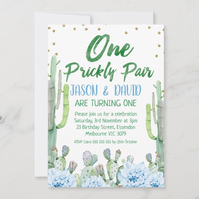 Invitation Green Blue Twins One Prickly Pair 1er anniversaire (Devant)