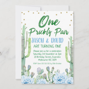 Invitation Green Blue Twins One Prickly Pair 1er anniversaire