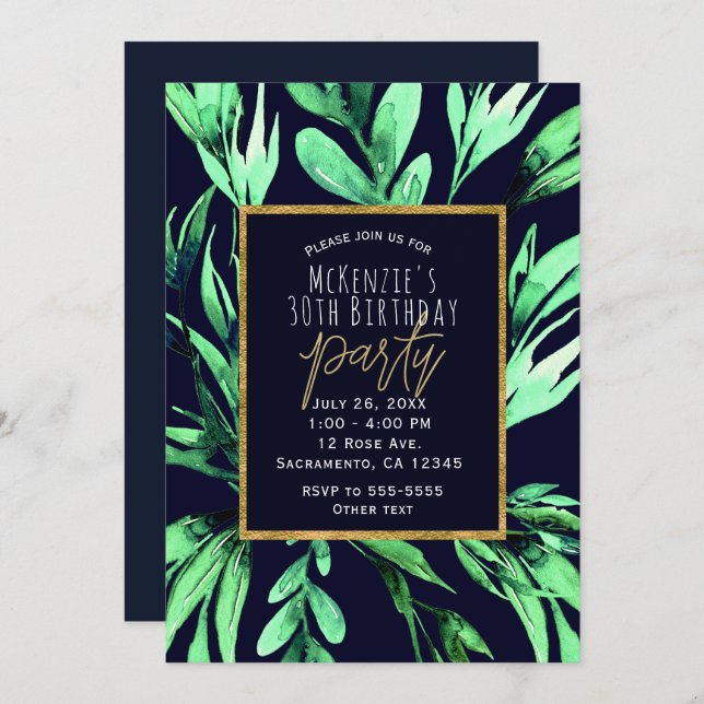 Invitation Green Blue Watercolor Botanique Glam Party (Devant / Derrière)
