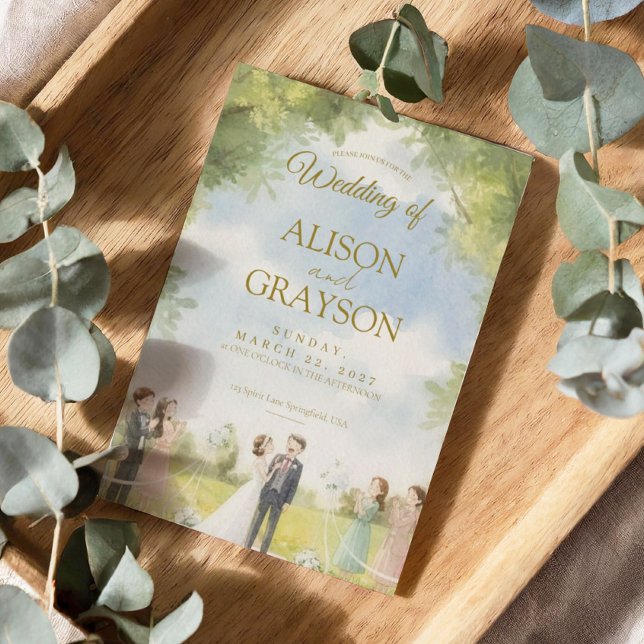 Invitation Green Blue White Sky Watercolor Outdoor Wedding  (Créateur téléchargé)