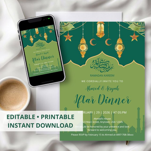 Invitation Green Botanical Mosque and Gold Lanterns Iftar (Créateur téléchargé)