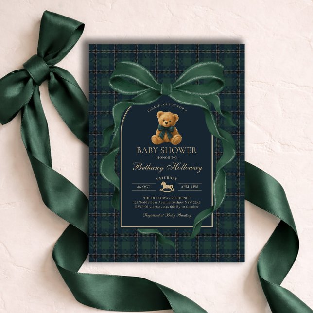 Invitation Green Bow Teddy Bear Polo Plaid Baby Shower (Créateur téléchargé)