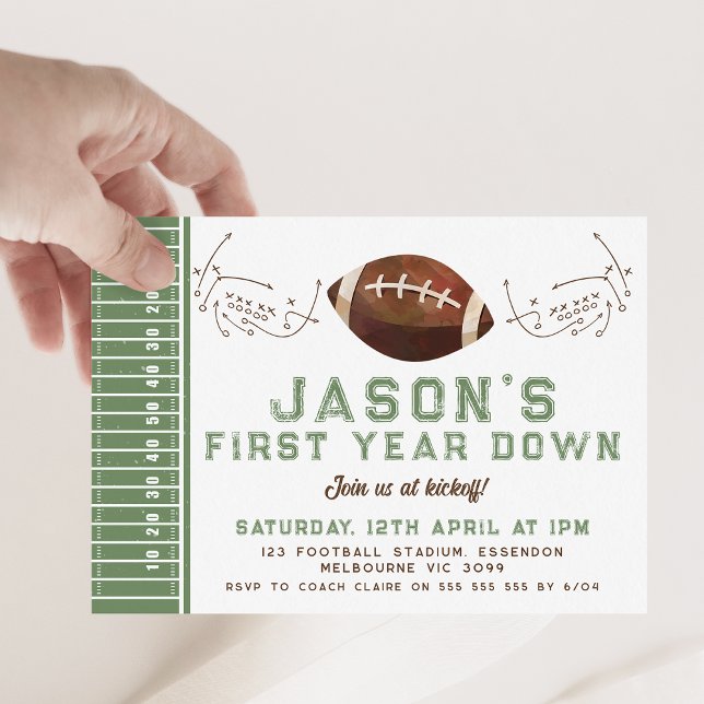 Invitation Green Brown Football Jeu Jouer 1er anniversaire (Football themed 1st birthday invitation for baby boy. First Year Down Football Birthday Invitation.)