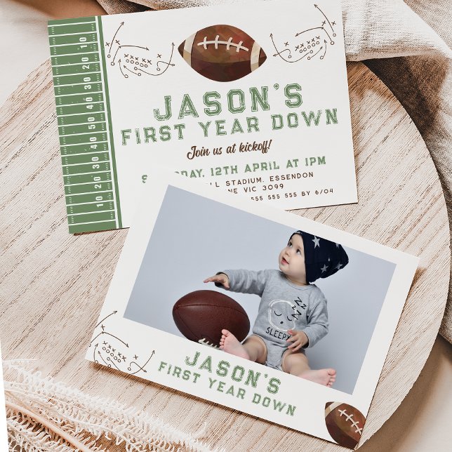 Invitation Green Brown Photo Jeu Jouer Football 1er Anniversa (Photo football themed 1st birthday invitation for baby boy. Photo football first year down Invite.)