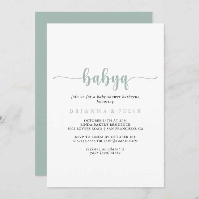 Invitation Green Calligraphy BabyQ Baby shower Barbecue (Devant / Derrière)