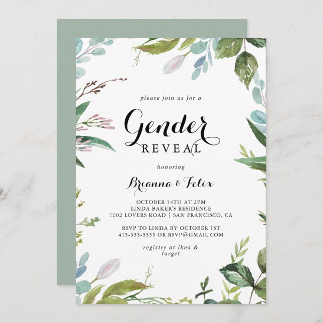 Invitation Green Calligraphy Tropical Genre Reveal Party (Devant / Derrière)