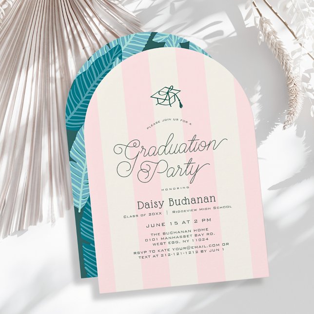 Invitation Green Cap & Pink Stripes Palms Graduation Party (Créateur téléchargé)