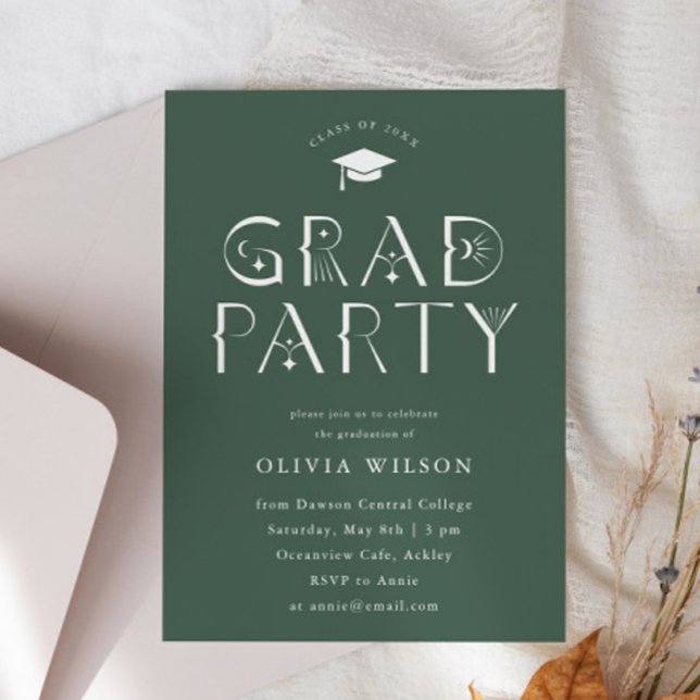 Invitation Green Celestia Typographie Grad Party (Créateur téléchargé)
