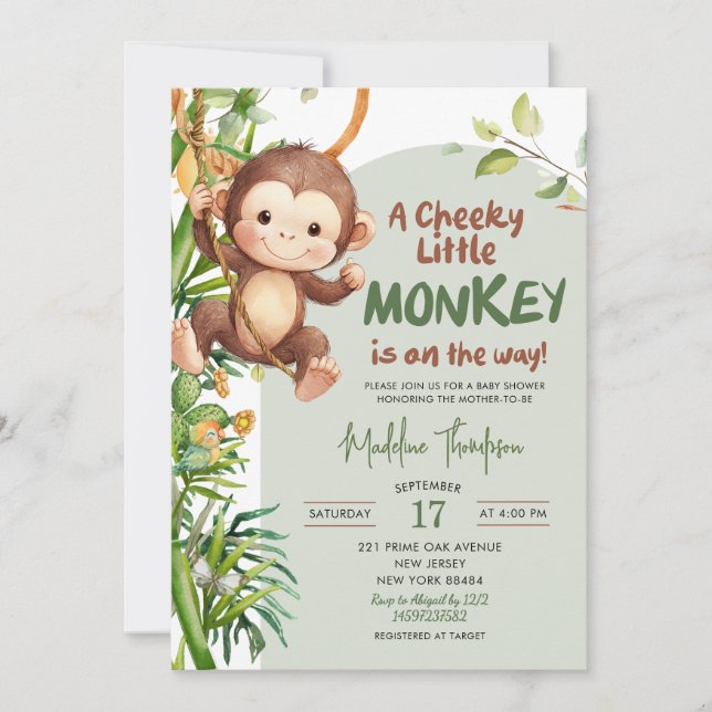Invitation Green Cheeky Little Monkey on the way Baby Shower (Devant)