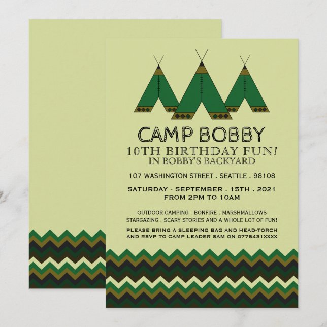 Invitation Green Chevron Tipi, Camping Anniversaire (Devant / Derrière)