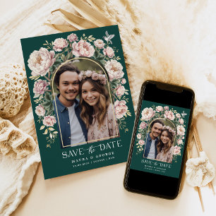 Invitation Green Chinoiserie Floral Bird Photo Enregistrer la