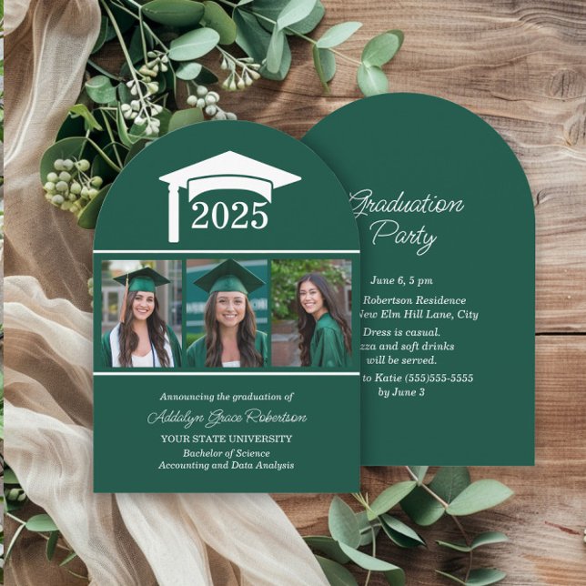 Invitation Green College University 3 Photo Arch Graduation (Green 3-photo arch-shaped graduation party invitation)