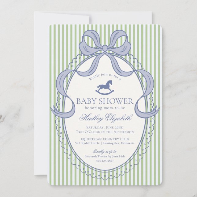 Invitation Green Coquette Bow Rocking Horse Baby Shower (Devant)
