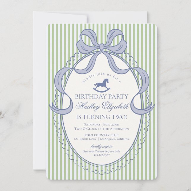 Invitation Green Coquette Bow Rocking Horse Birthday (Devant)
