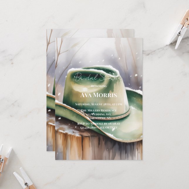 Invitation Green Cowboy Hat in Snow Bridal Shower (Devant/Arrière en situation)