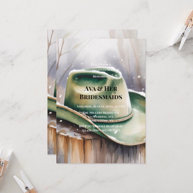 Invitation Green Cowboy Hat in Snow Bridesmaids Luncheon  (Devant/Arrière en situation)
