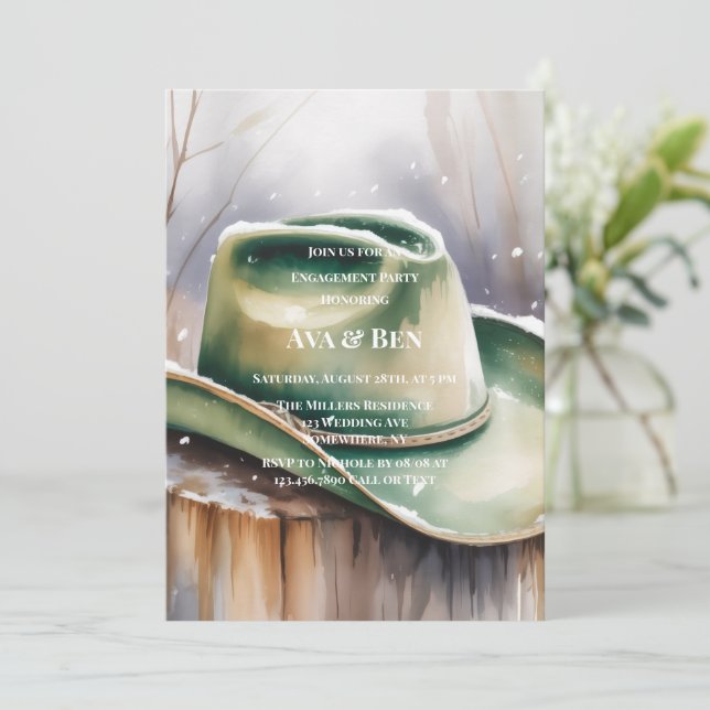 Invitation Green Cowboy Hat in Snow Engagement Party (Debout devant)
