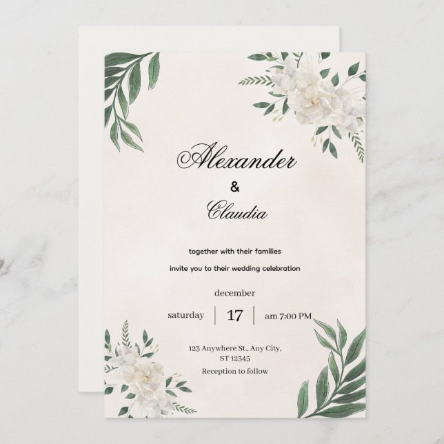 Invitation Green & Cream Botanical Wedding, (Devant / Derrière)